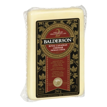 280 gram package of Balderson 2 year old aged Royal Canadian Cheddar. 