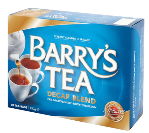 250 gram box of Barry's Tea Decaf Blend. 80 tea bag per box