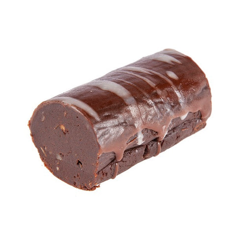 A small individual dessert fudgy brandy flavoured chocolate roll with nuts and dipped in chocolate.