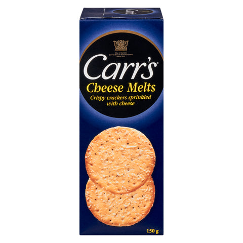 150 gram box of Carr's Cheese Melts: Crispy crackers sprinkled with cheese.