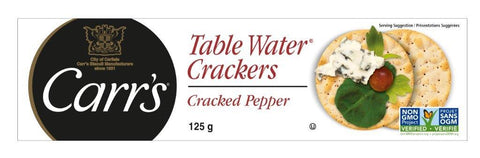 125 gram box of Carr's Table Water Crackers: Cracked Pepper. Non GMO Verified