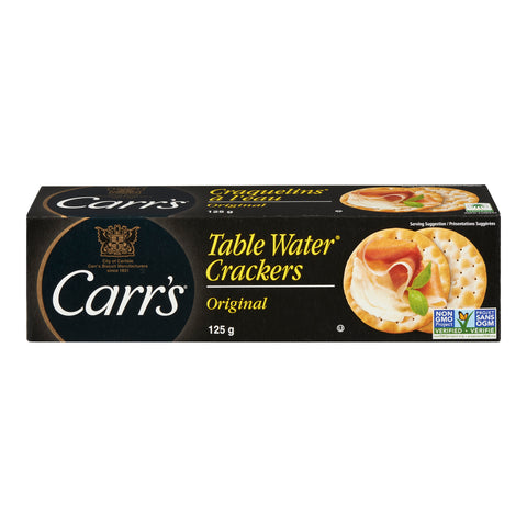 125 gram box of Carr's Table Crackers: Original, Non GMO Verified