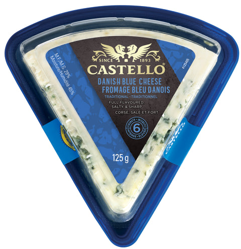 125 gram wedged shaped package of Castello Danish Blue Cheese.