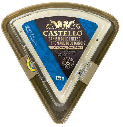 125 gram wedged shaped package of Castello Danish Blue Cheese - Extra Creamy.