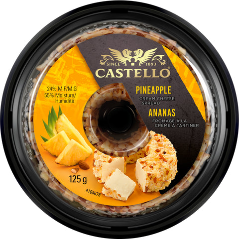 125 g package of Castello Pineapple Cream Cheese Spread.
