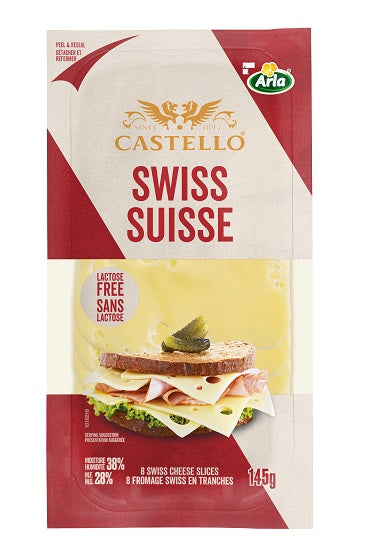 145 gram package of Castello sliced Swiss cheese.