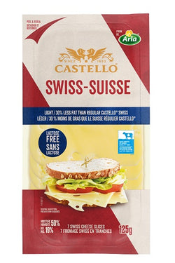 125 gram package of Castello sliced light Swiss cheese