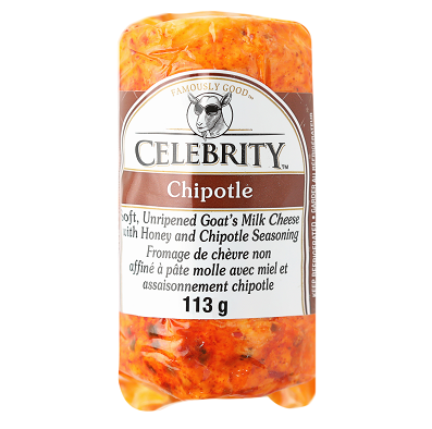113 gram package of Celebrity Soft Unripened Goat's Cheese with Honey and Chipotle Seasoning