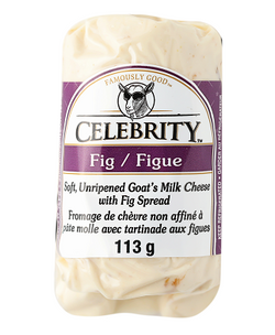 113 gram package of Celebrity Soft Unripened Goat's Milk Cheese with Fig Spread