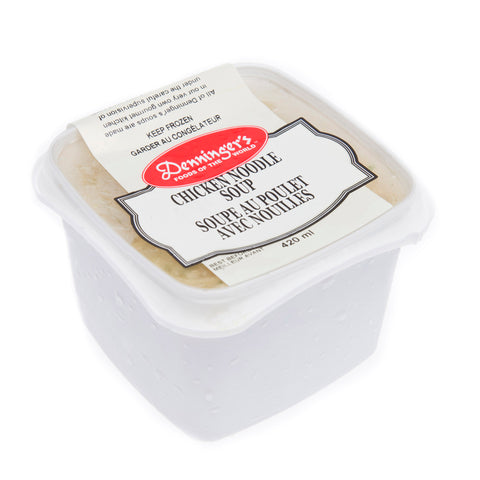 A 420 ml container of Denninger's frozen chicken noodle soup.