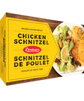 Box of four frozen 175 gram each Denninger's Chicken Schnitzel. Breaded chicken breast.