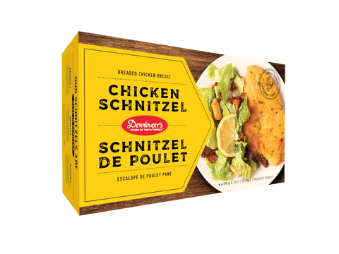 Box of four frozen 175 gram each Denninger's Chicken Schnitzel. Breaded chicken breast.