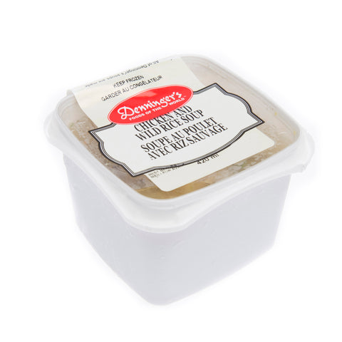 420 ml container of Denninger's frozen chicken and wild rice soup.