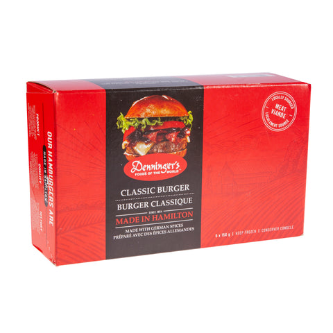 Denninger's Classic Burger Box - Six frozen hamburgers . 150 grams per hamburger.