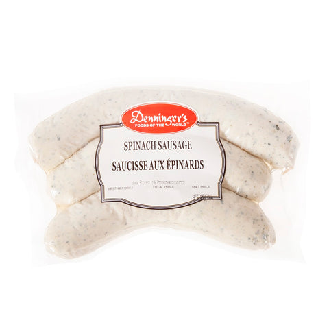 300 gram package of cooked Spinach Sausage.  Made with Ontario pork, veal and spinach. 3 Pack.