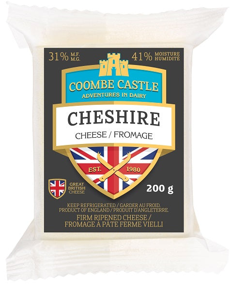 200 gram package of Coombe Castle Cheshire Cheese 31% MF and 41% Moisture