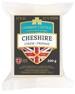 200 gram package of Coombe Castle Cheshire Cheese 31% MF and 41% Moisture