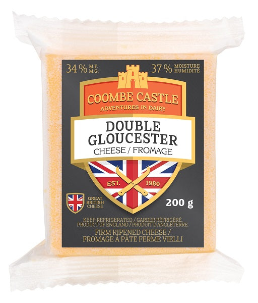 200 gram package of Coombe Castle Double Gloucester cheese 34 % MF and 37% Moisture