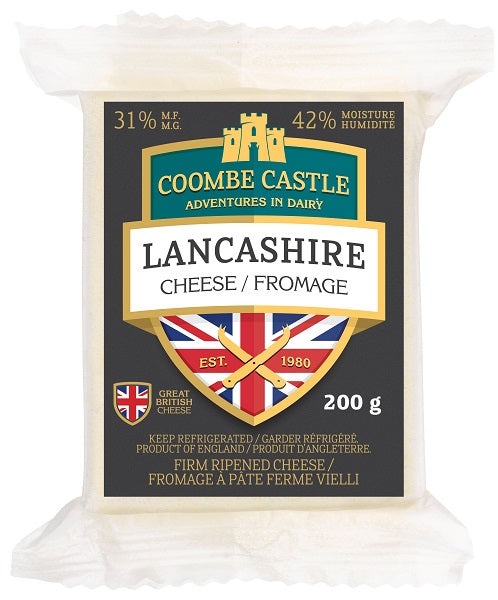 200 gram package of Coombe Castle Lancashire Chees 31% MF and 42% Moisture