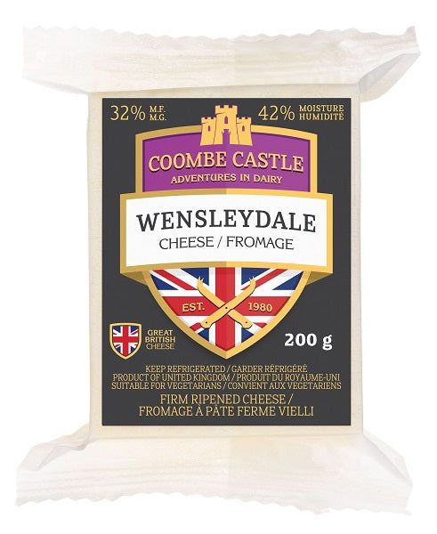 200 gram package of Coombe Castle Wensleydale Cheese 32% MF and 42% Moisture