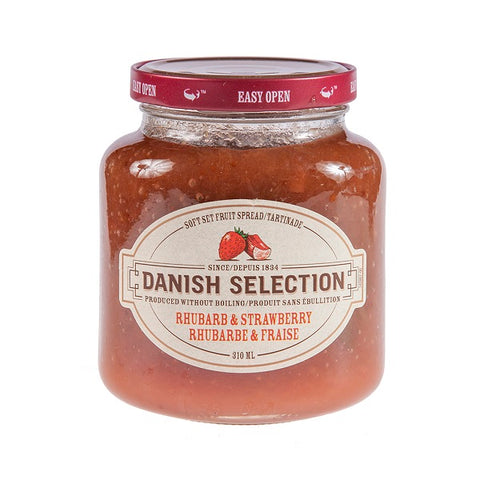 310 ml glass bottle of Danish Selection Rhubarb Strawberry Soft Set Fruit Spread. Produced without boiling.