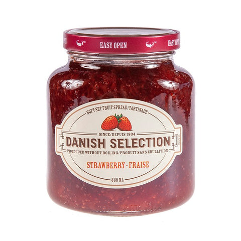 335 ml jar of Danish Selection Strawberry Soft Set Fruit Spread. Produced without boiling.