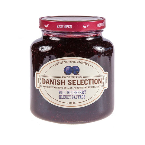 316 ml glass jar of Danish Selection Wild Blueberry soft set fruit spread. Produced without boiling.