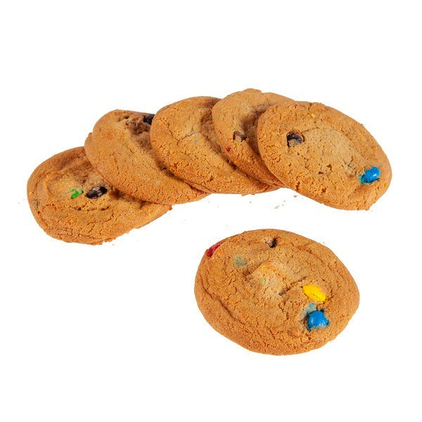 6 cookies with rainbow coloured candy coated smooth milk chocolate throughout the cookie