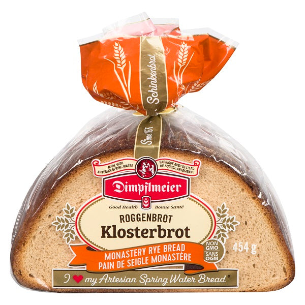 454 g package of Dimpflmeier sliced monastery rye bread (klosterbrot)