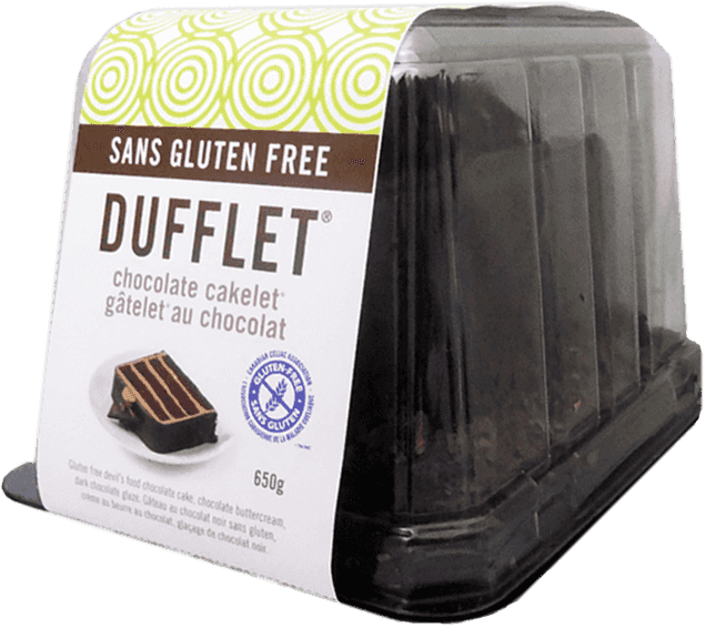 3.5"X5.5" 650 g Gluten-free Devil's Food chocolate cake, chocolate buttercream, dark chocolate glaze. In a dome package.