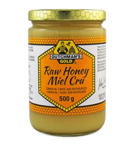 500 gram glass bottle of Dutchman Gold Raw Honey