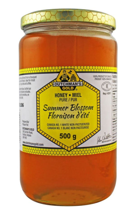 500 gram glass jar of Dutchman Gold Honey Summer Blossom