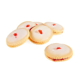 6 pieces of a jam filled sandwich cookie topped with a vanilla glaze and finished with a candied cherry piece.