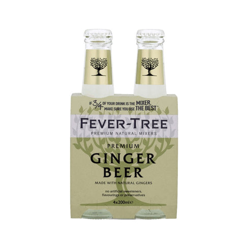 Four 200ml glass bottles of Fever-Tree Premium Ginger Beer. No artificial sweeteners.