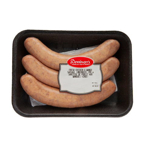 A package of 390 gram( three pieces) Denninger's fresh uncooked  chicken  and mango sausage .