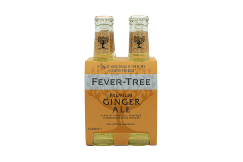 Four glass bottles of Fever-Tree Premium Ginger Ale 200 ml each bottle. No artificial sweeteners.