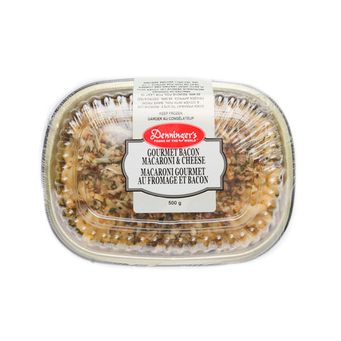 500 gram container of Denninger's frozen gourmet bacon macaroni and cheese. This item is frozen.