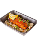 Cooked 400 gram grilled salmon and lemon orzo pasta dinner.