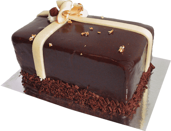 Layers of chocolate and hazelnut sponge cake and hazelnut buttercream, glazed with dark chocolate ganache, decorated with a white chocolate ribbon, chocolate curls and whole hazelnuts. *contains nuts