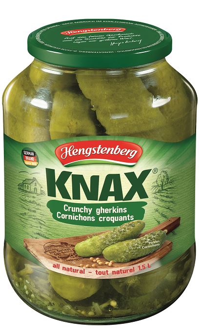 1.5 litre glass jar of Henstenberg Knax crunchy gherkins