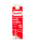 One litre of Hewitt's 3.25% homogenized milk.