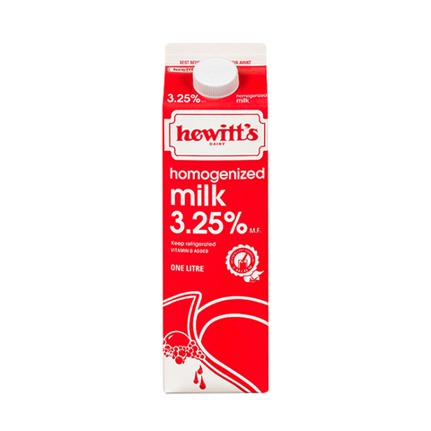 One litre of Hewitt's 3.25% homogenized milk.
