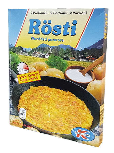400 gram package of Dr Willi Knoll  Rösti. Shredded potatoes 2 portions.