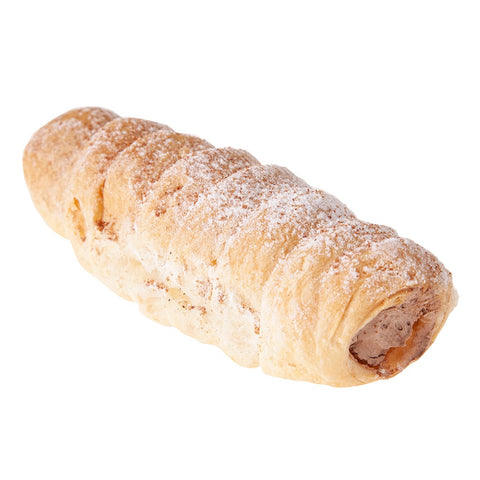 A Karlik Chocolate Cream Horn Pastry. European style pastry golden and flaky with a chocolate cream filling.
