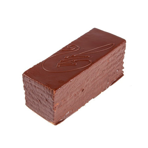 Rectangular  sponge cake layered with chocolate buttercream and topped with chocolate