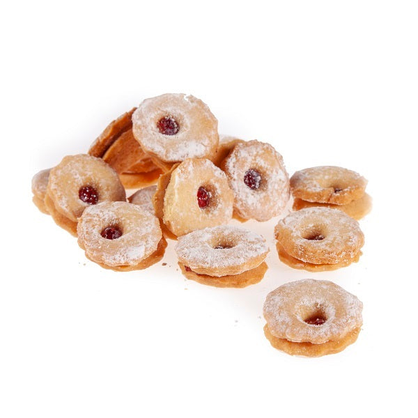 Flower shaped vanilla cookies with raspberry jam sandwiched inbetween.