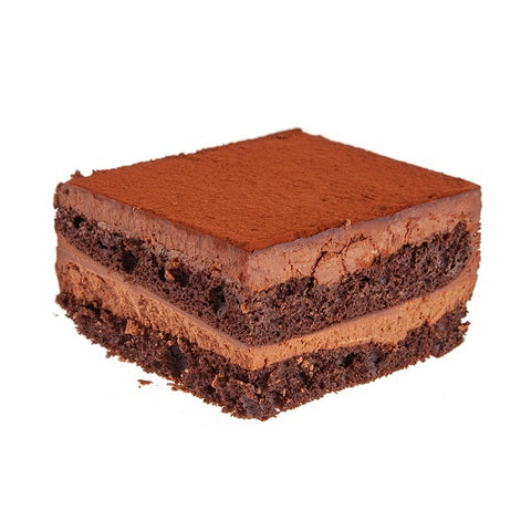 One piece cake. Two layers of chocolate cake and two layers of chocolate mousse.