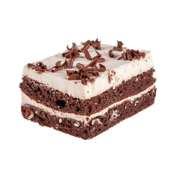 One piece of cake. Two layers of chocolate cake, two layers of cream, top layer has shaved chocolate.