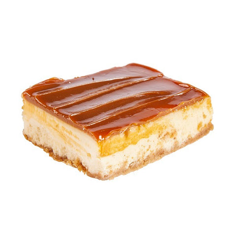 One piece of cake. Cream cheese cake with a Dulce De Lache finish on top.