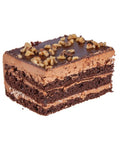 One piece of cake. Three layers of chocolate sponge cake with three layers of chocolate buttercream. One of the buttercream layers has coconut and the other butter cream layer has walnuts. Walnuts are also sprinkled on the top layer.